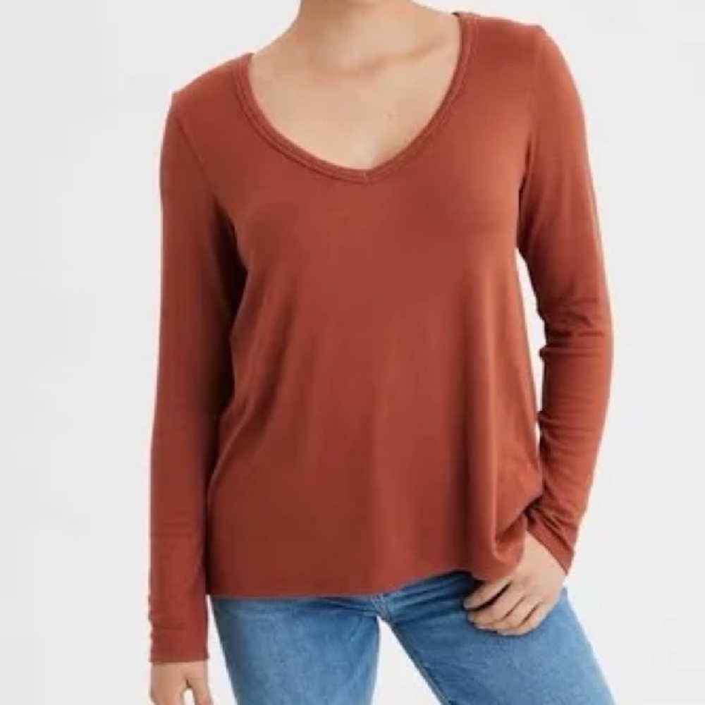 American Eagle Outfitters Rust Long Sleeve V-Neck Top